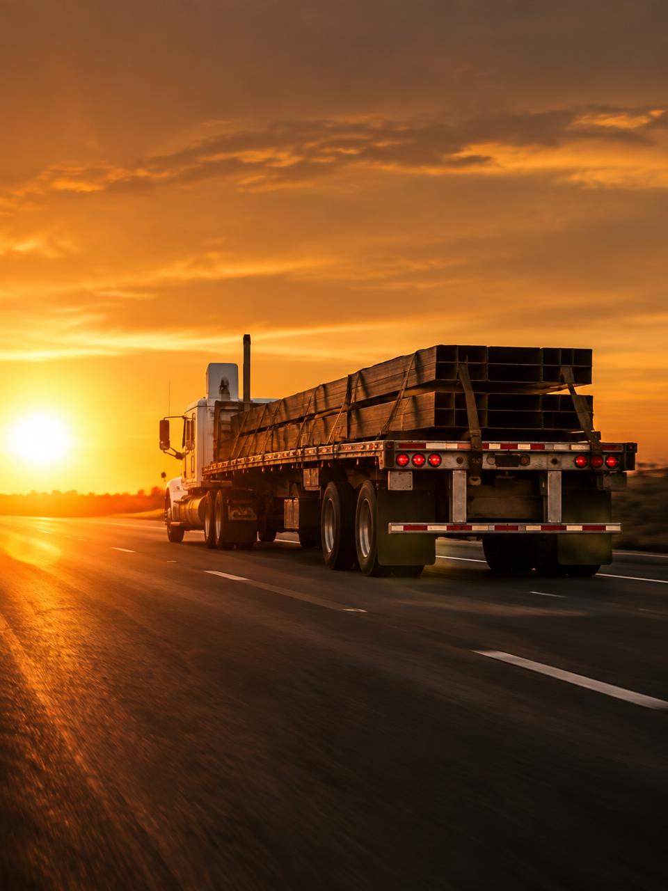 Day cab truck hauling a flatbed load at golden hour